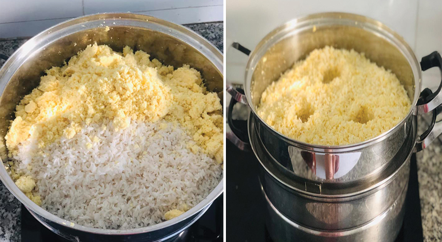 Trộn gạo nếp với đậu xanh và hấp chín kỹ